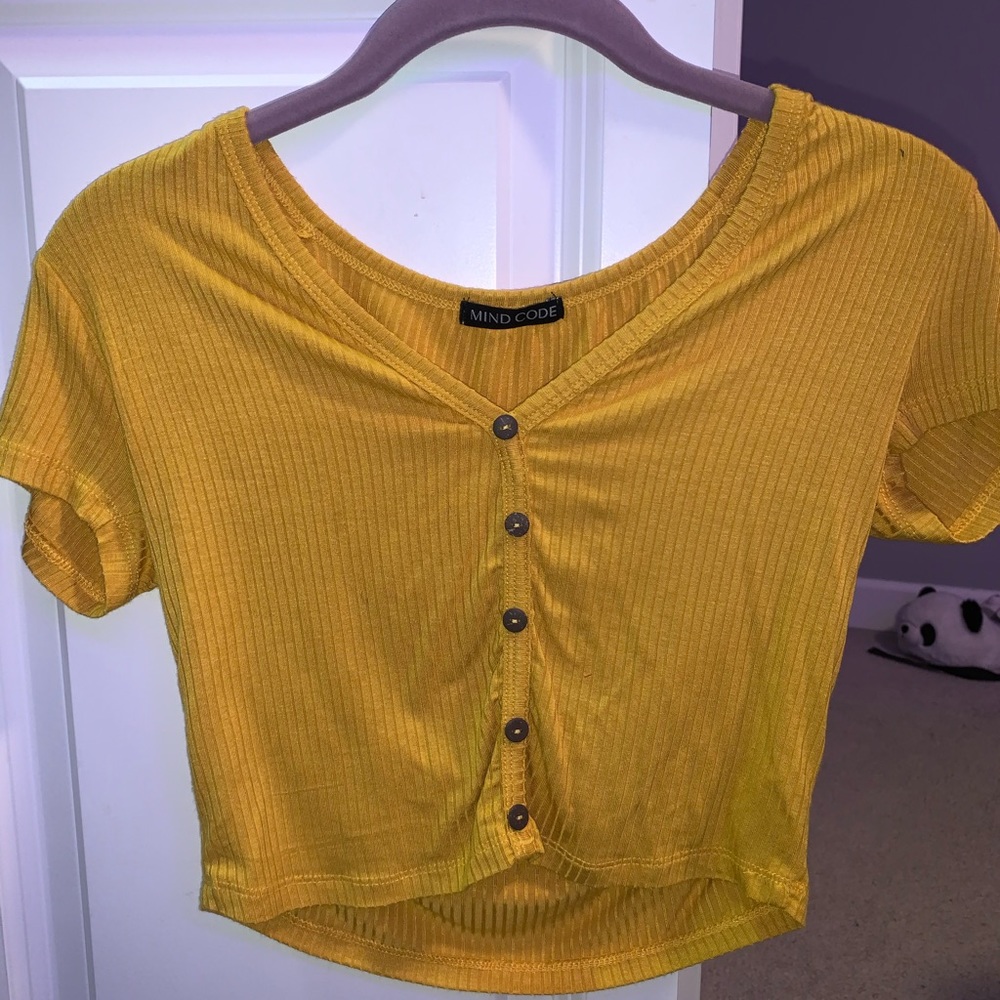 yellow button up crop top